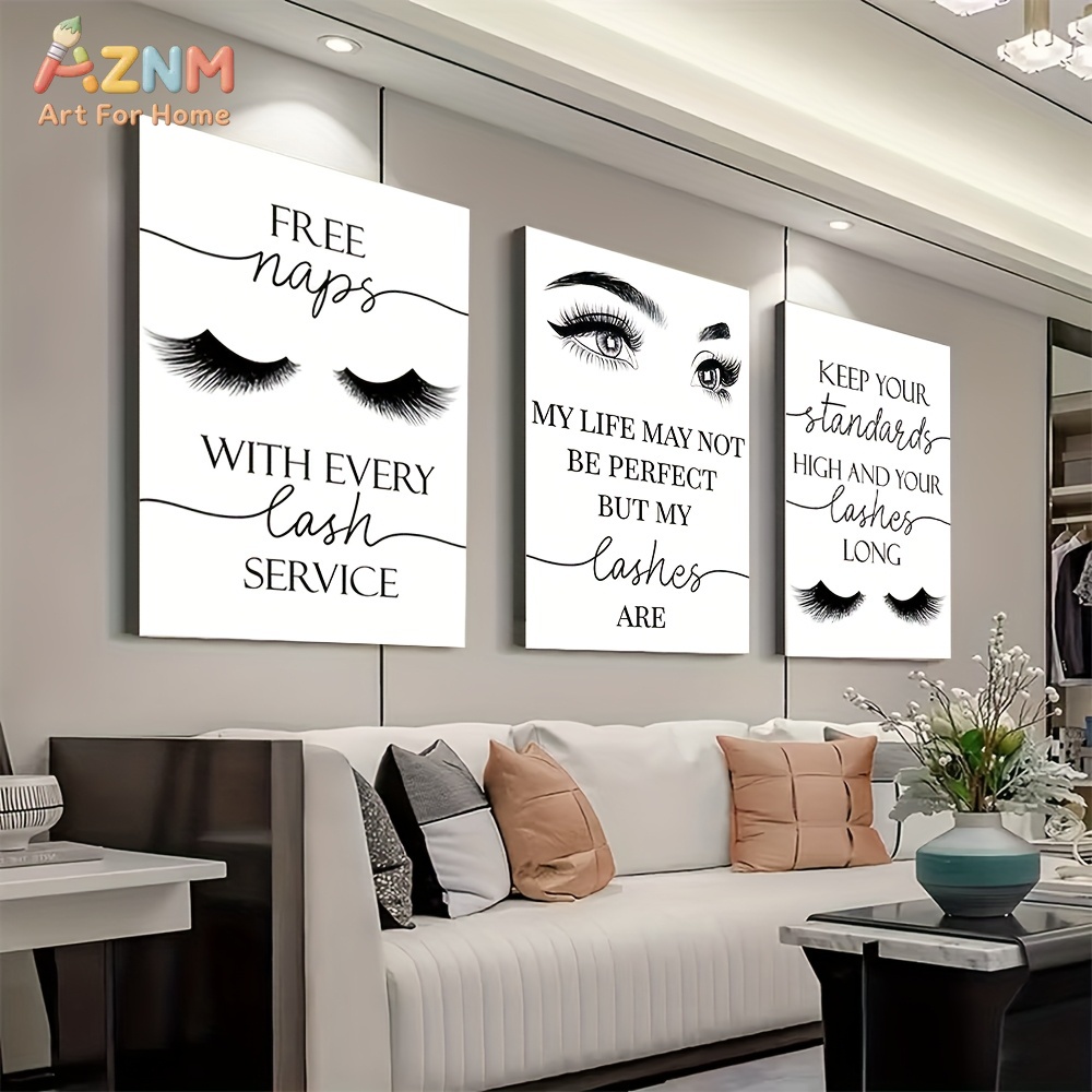 Eyelash Extension Quotes - 3枚入りフレームなしの美しいまつげに関する心に響く引用句、魅力的なアートプリント、まつげエクステのアートワーク、部屋の美的装飾。